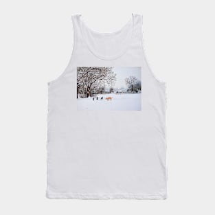 dog snow scene landscape with trees & rooftops art Tank Top